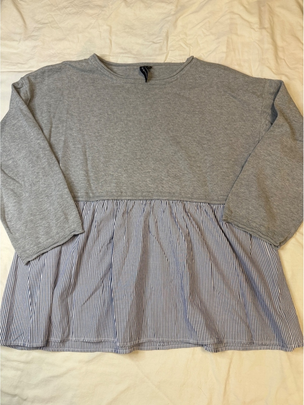Moon & Madison Grey and Blue/White Pinstripe Mixed-Media Top
